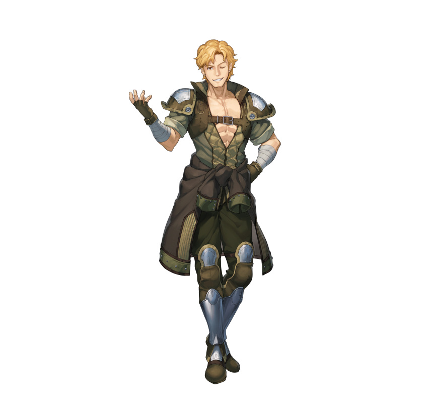 1boy abs absurdres bandaged_arm bandages blonde_hair brown_gloves collarbone commentary_request dai-xt fingerless_gloves fire_emblem fire_emblem_echoes:_shadows_of_valentia fire_emblem_heroes full_body gloves highres jesse_(fire_emblem) looking_at_viewer male_focus nintendo official_art one_eye_closed parted_bangs pectoral_cleavage pectorals short_hair shoulder_pads simple_background smile solo teeth wavy_hair white_background