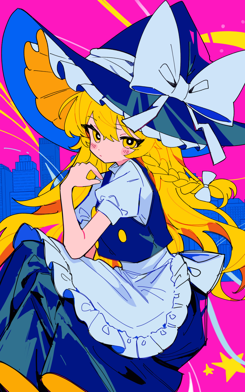 1girl absurdres apron back_bow black_dress black_hat blonde_hair blush bow braid building buttons city closed_mouth dress frills hair_between_eyes hair_bow hand_up hat hat_bow highres kirisame_marisa long_hair looking_at_viewer pinafore_dress pink_background puffy_short_sleeves puffy_sleeves rotoi_1234 shirt short_sleeves single_braid sitting skyscraper sleeveless sleeveless_dress solo star_(symbol) touhou turtleneck turtleneck_shirt wavy_hair white_apron white_bow white_shirt witch_hat yellow_eyes