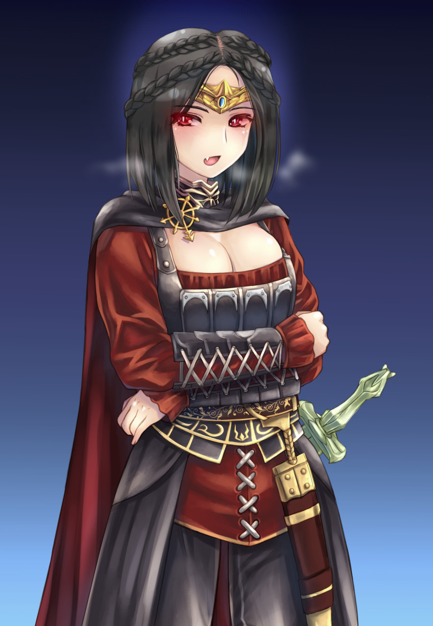 1girl absurdres armor black_hair black_pants blouse blue_background bracer braid breastplate breasts breath cape cleavage commentary_request cowboy_shot crossed_arms crown crown_braid fang female_focus glowing glowing_eyes highres long_sleeves looking_at_viewer medium_breasts medium_hair nyaou_(round_facer) open_mouth pants pin red_eyes red_shirt scabbard serana sheath sheathed shirt simple_background sleeves_past_wrists slit_pupils solo standing sword the_elder_scrolls the_elder_scrolls_v:_skyrim vampire weapon