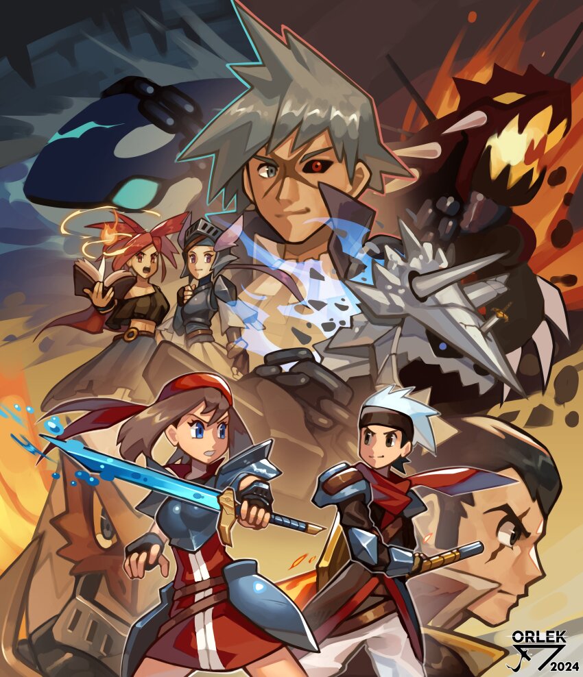 3boys 3girls absurdres aggron armor artist_name bandana black_gloves black_sclera blaziken blue_eyes book breastplate brendan_(pokemon) brown_hair chain clenched_teeth closed_mouth colored_sclera commentary cross_scar dress fingerless_gloves fire fire_emblem flannery_(pokemon) gen_3_pokemon gloves grey_hair groudon heterochromia highres holding holding_book holding_sword holding_weapon kyogre legendary_pokemon may_(pokemon) multiple_boys multiple_girls nintendo norman_(pokemon) orlek pokemon pokemon_rse red_bandana red_dress red_eyes scar scar_on_face short_hair shoulder_armor smile spiked_hair steven_stone sword teeth weapon winona_(pokemon)