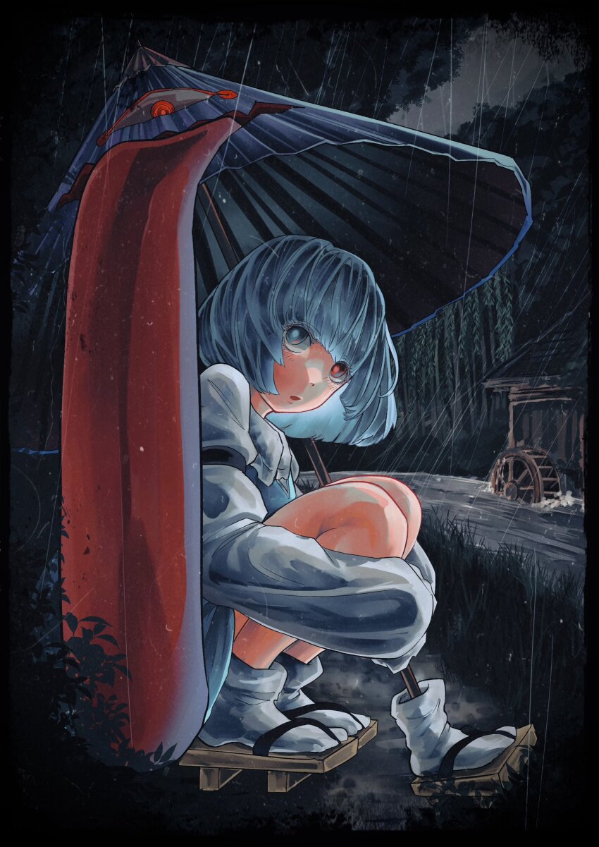 1girl aqua_skirt aqua_vest blue_eyes blue_hair building dark_background dirt foliage geta grass heterochromia highres holding holding_umbrella hugging_own_legs karakasa_obake knees_up long_tongue purple_umbrella rain red_eyes river riverbank skirt socks solo squatting tatara_kogasa tongue touhou umaieokakitai umbrella water_wheel white_sleeves white_socks willow
