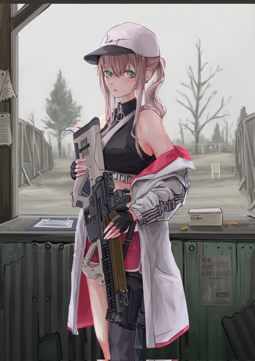 1girl :o aqua_eyes ar-57 ar-57_(girls&#039;_frontline) assault_rifle black_gloves black_tank_top blonde_hair bullet carbine clothes_pull eye_piercing feet_out_of_frame fingerless_gloves fn_5.7x28mm girls&#039;_frontline gloves gun hair_between_eyes highres holding holding_gun holding_weapon horizontal_magazine jacket jacket_pull lithographica long_hair looking_at_viewer military_cartridge off_shoulder open_clothes open_jacket open_mouth pdw_cartridge personal_defense_weapon pink_shorts pistol-caliber_carbine pistol_cartridge rifle scenery shorts solo standing submachine_gun supersonic_ammunition tank_top tree weapon white_headwear white_jacket
