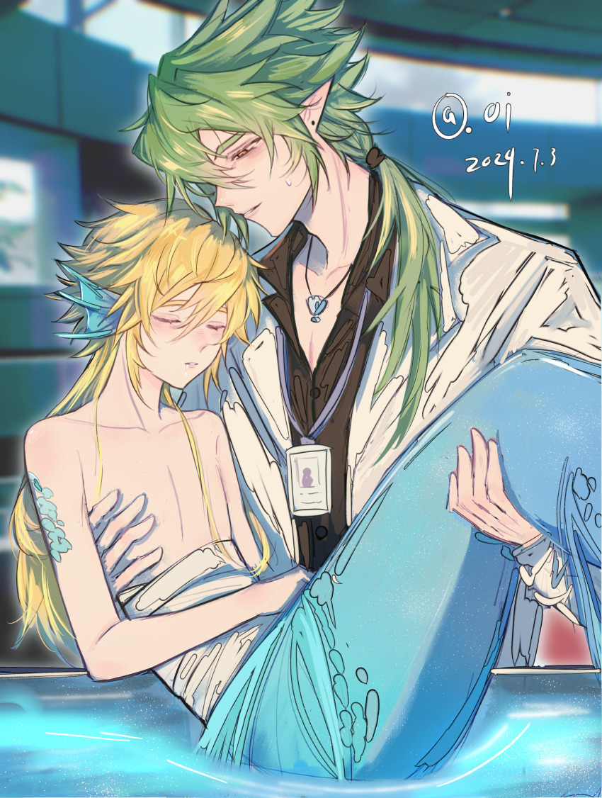 2boys absurdres alternate_costume aotu_world artist_name bishounen black_shirt blonde_hair blush carrying closed_eyes collarbone collared_shirt dated fins formal_clothes green_hair hair_between_eyes head_fins highres jewelry king_(aotu_world) lab_coat lanyard long_hair low_ponytail male_focus mermaid monster_boy monster_girl multiple_boys necklace parted_lips pectorals plutoray pointy_ears ponytail princess_carry shirt suit water white_suit xander_(aotu_world) yaoi