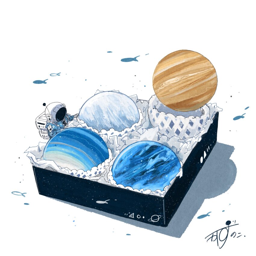 1other absurdres artist_name backpack bag blue_jacket box commentary fish flying_fish gift gloves helmet highres jacket jupiter_(planet) kazunoko_(kazunoko_zunoco) original planet radio_antenna shadow signature simple_background solo space_helmet standing white_background white_gloves