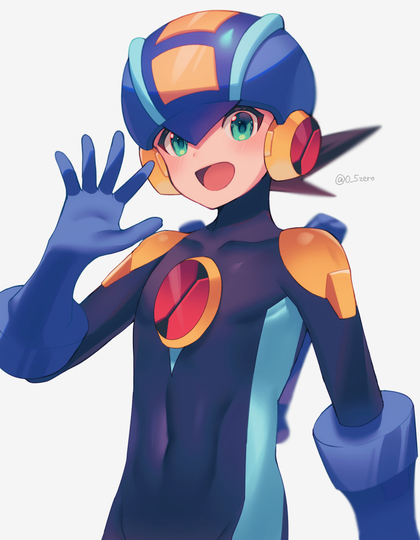 1boy :d blue_bodysuit blue_headwear blue_helmet blurry blush bodysuit brown_hair commentary_request covered_collarbone covered_navel depth_of_field green_eyes grey_background hand_up happy helmet highres looking_at_viewer male_focus mega_man_(series) mega_man_battle_network_(series) megaman.exe netnavi open_mouth short_hair simple_background smile solo spiked_hair twitter_username zero-go