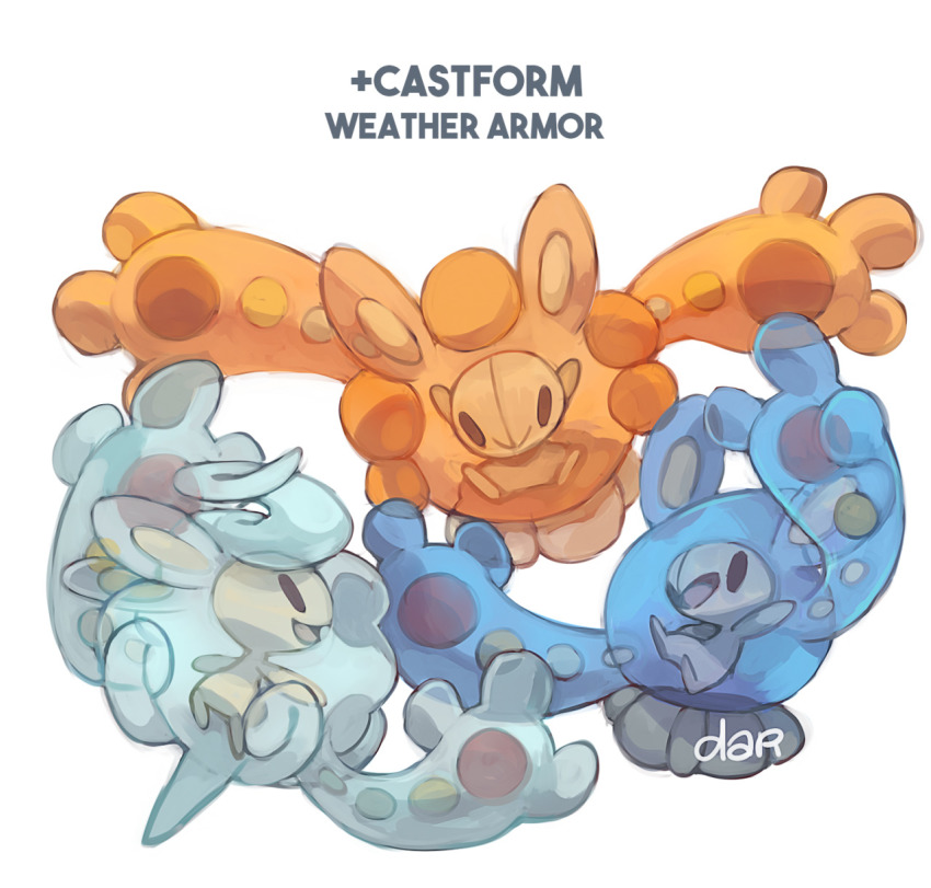 artist_name castform castform_(rainy) castform_(snowy) castform_(sunny) character_name commentary creature dar-draws english_commentary english_text eye_contact full_body fusion gen_3_pokemon gen_5_pokemon highres looking_at_another looking_at_viewer nintendo no_humans pokemon pokemon_(creature) reuniclus signature simple_background white_background