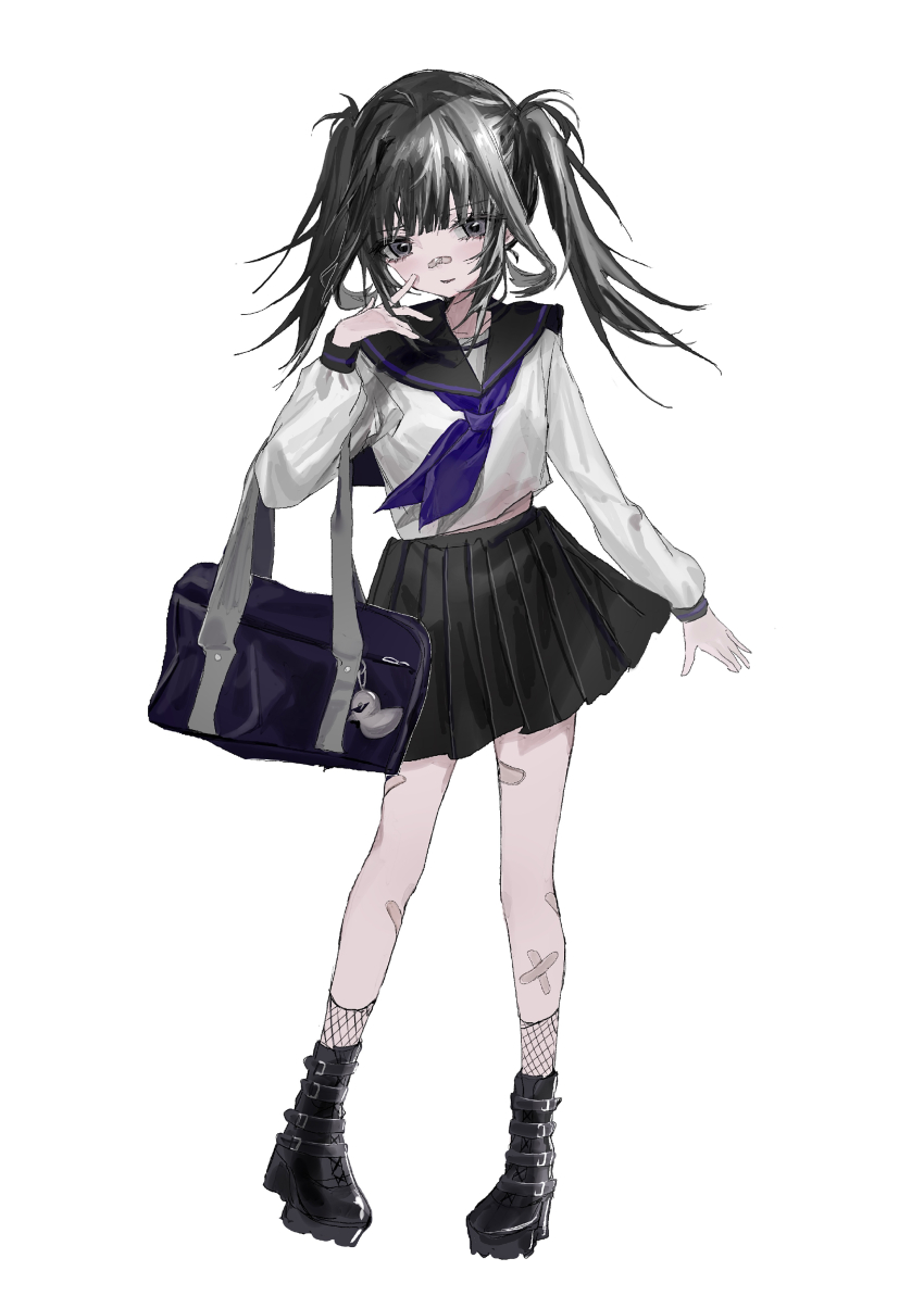 1girl absurdres bag bag_charm bandaid bandaid_on_face bandaid_on_nose black_boots black_hair black_sailor_collar black_skirt blue_neckerchief boots charm_(object) fishnet_socks fishnets full_body hand_up hayu_(hayu0305) highres long_hair long_sleeves looking_at_viewer miniskirt neckerchief original pleated_skirt sailor_collar school_bag school_uniform serafuku shirt simple_background skirt socks solo standing twintails white_background white_shirt
