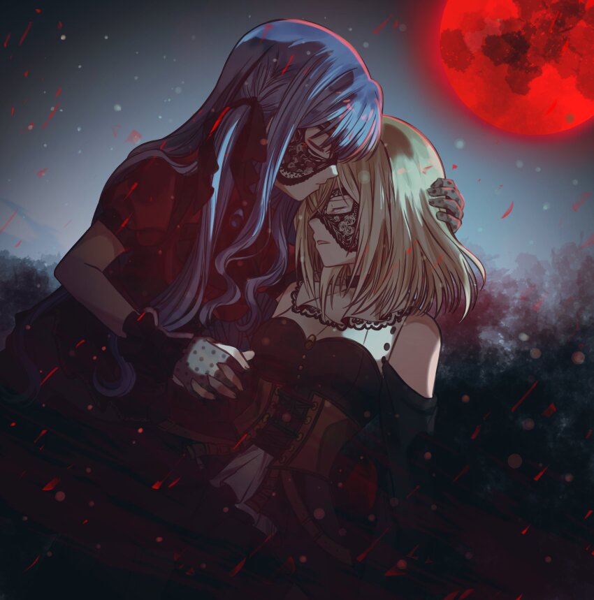 2girls absurdres ascot bang_dream! bang_dream!_it&#039;s_mygo!!!!! black_ascot black_gloves black_ribbon blonde_hair blue_hair closed_eyes closed_mouth clothing_cutout collar commentary corset cradling_head doloris_(bang_dream!) dress gloves hair_ribbon hashtag-only_commentary highres holding_hands long_hair mask medium_hair misumi_uika moon multiple_girls oblivionis_(bang_dream!) open_mouth red_dress red_moon red_shirt ribbon seine_(hanamukes) shirt short_sleeves shoulder_cutout sidelocks togawa_sakiko yuri
