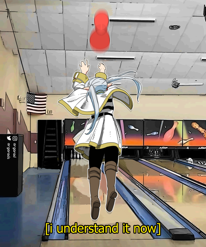 1girl absurdres american_flag argarad ball black_pantyhose boots bowling_alley brown_boots capelet commentary commentary_request earrings english_commentary english_text flag frieren from_behind full_body grey_hair highres instagram_username jewelry jumping knee_boots pantyhose pointy_ears skirt solo sousou_no_frieren striped_clothes subtitled throwing twintails twitter_username white_capelet white_skirt you&#039;re_doing_it_wrong