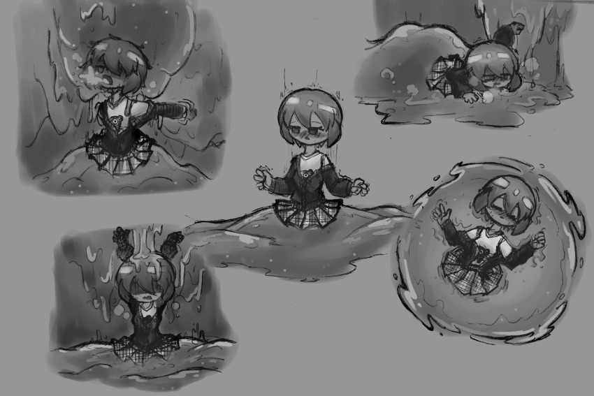 asphyxiation blush covered_in_slime drowning exhausted monochrome monochrome_background heavy_breathing pleated_skirt skirt slime stuck stuck_in_slime