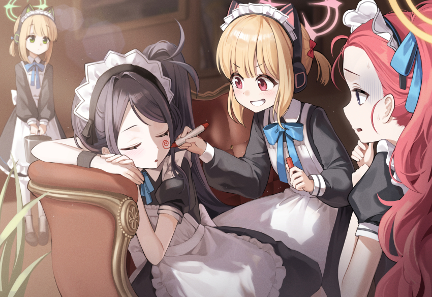 4girls absurdres animal_ear_headphones animal_ears apron aris_(blue_archive) aris_(maid)_(blue_archive) black_dress black_eyes black_hair blonde_hair blue_archive blue_bow blue_bowtie blurry blurry_background bow bowtie bucket cat_ear_headphones closed_eyes collared_dress commentary_request couch day ddungddang drawing_on_another&#039;s_face dress fake_animal_ears frilled_apron frills game_development_department_(blue_archive) green_eyes green_halo grin hair_bow halo headphones highres holding holding_bucket holding_marker indoors korean_commentary lens_flare light_blush long_hair long_sleeves maid maid_apron maid_headdress marker midori_(blue_archive) midori_(maid)_(blue_archive) momoi_(blue_archive) momoi_(maid)_(blue_archive) multiple_girls no_halo official_alternate_costume on_couch parted_bangs pink_bow pink_eyes pink_halo plant prank puffy_long_sleeves puffy_short_sleeves puffy_sleeves red_hair short_hair short_sleeves siblings side_ponytail sideways_mouth sisters sitting sleeping smile standing sunlight sweat turn_pale twins v-shaped_eyebrows very_long_hair white_apron yellow_halo yuzu_(blue_archive) yuzu_(maid)_(blue_archive)