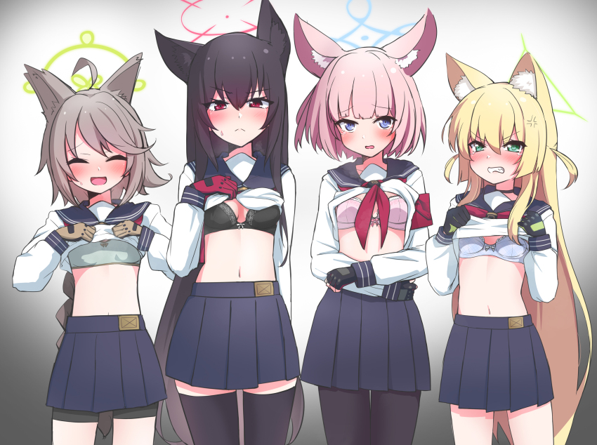 4girls ahoge anger_vein animal_ears bike_shorts black_bra black_pantyhose blonde_hair blue_archive blush bra brown_hair closed_eyes clothes_lift fingerless_gloves fox_ears fox_girl gloves gradient_background halo highres kurumi_(blue_archive) long_braid multiple_girls navel neckerchief niko_(blue_archive) orange-bird otogi_(blue_archive) pantyhose pink_bra pink_hair pleated_skirt school_uniform serafuku shirt_lift skirt sports_bra sweat tearing_up thighhighs underwear white_bra yukino_(blue_archive)