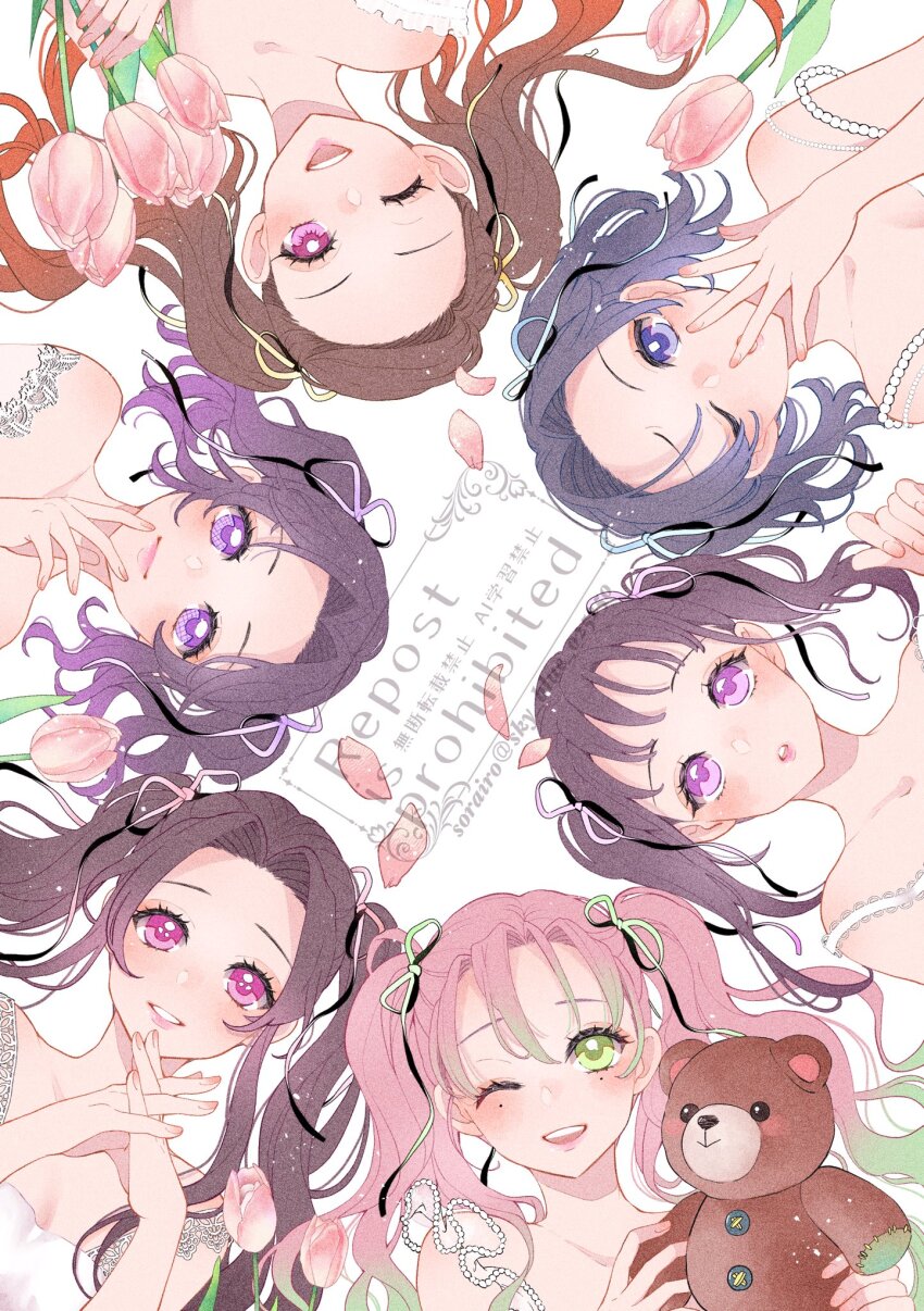 6+girls :o alternate_hairstyle bare_shoulders black_hair blue_eyes bow brown_hair circle_formation closed_mouth commentary covering_own_mouth cropped_shoulders english_commentary flower gradient_hair green_eyes grin hair_bow highres interlocked_fingers kamado_nezuko kanroji_mitsuri kanzaki_aoi_(kimetsu_no_yaiba) kimetsu_no_yaiba kochou_kanae kochou_shinobu lips long_hair looking_at_viewer mixed-language_commentary mole mole_under_eye multicolored_hair multiple_girls one_eye_closed open_mouth own_hands_together parted_bangs pink_eyes pink_flower pink_hair purple_eyes purple_hair simple_background sky_blue_025250 smile straight-on stuffed_animal stuffed_toy teddy_bear tsuyuri_kanao twintails watermark white_background wispy_bangs