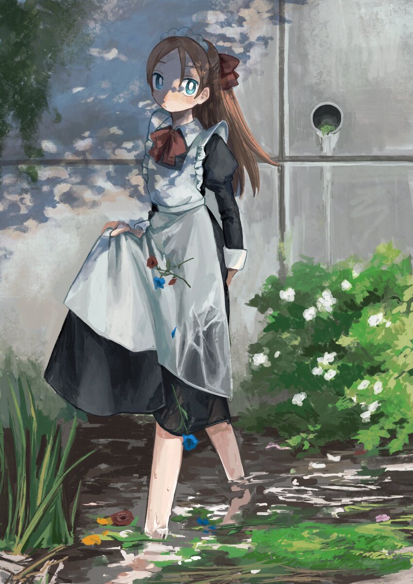 1girl absurdres apron black_dress blue_eyes blue_flower bow bowtie bright_pupils brown_hair bush dress expressionless flower hair_bow highres juliet_sleeves long_sleeves looking_at_viewer maid_apron moss original plant puffy_sleeves red_bow red_bowtie red_flower shade sionsakana skirt_hold solo water wet wet_clothes wet_dress white_apron white_pupils yellow_flower