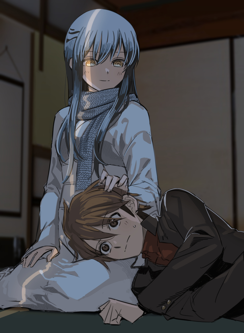 1boy 1girl absurdres black_hair black_jacket blush brown_eyes brown_hair buttons closed_mouth commentary_request eyes_visible_through_hair hair_between_eyes hand_on_another&#039;s_head highres indoors jacket japanese_clothes kimono lap_pillow long_hair long_sleeves lying lying_on_person multicolored_hair nura_rikuo nurarihyon_no_mago oikawa_tsurara open_clothes open_jacket rasupekuto red_shirt scarf shirt short_hair sidelocks sitting smile sweatdrop two-tone_hair white_hair white_kimono yellow_eyes yuki_onna_(nurarihyon_no_mago)