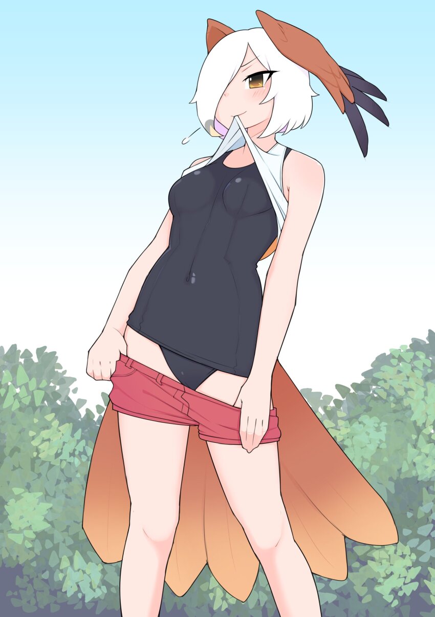 1girl absurdres black_one-piece_swimsuit blue_sky blush brahminy_kite_(kemono_friends)_(illu_(illu_stratos)) breasts brown_wings bush clear_sky closed_mouth clothes_in_mouth clothes_pull commentary covered_navel feathered_wings feet_out_of_frame hair_over_one_eye head_wings highres illu_(illu_stratos) kemono_friends long_bangs medium_breasts mouth_hold one-piece_swimsuit pink_shorts shirt_in_mouth short_hair shorts shorts_pull sky smile solo swimsuit swimsuit_under_clothes symbol-only_commentary tank_top white_hair white_tank_top wings yellow_eyes