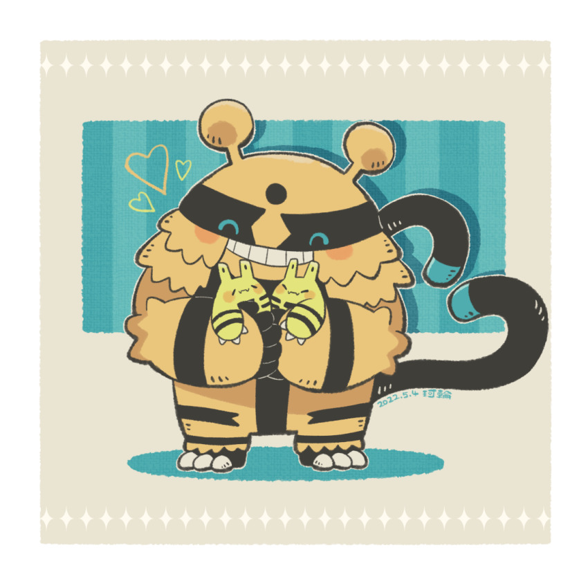 alternate_color blush_stickers border claws dated electivire elekid evolutionary_line full_body gen_2_pokemon gen_4_pokemon grey_background grin heart holding holding_pokemon karin_(100100) nintendo no_humans pokemon pokemon_(creature) shadow shiny_pokemon signature smile white_border