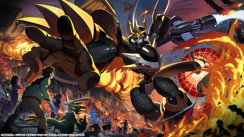 belt blue_fire cannon close_(digimon) destruction digimon digimon_(creature) digimon_card_game digimon_liberator dragon elizamon fire flying ghostmon hat imperialdramon imperialdramon_dragon_mode_(black) imperialdramon_fighter_mode_(black) jacket kazama_shoto kinosaki_arisa oversized_wings looking_at_another looking_at_viewer mask official_art open_hand owen_dreadnought pteromon red_eyes sangomon shoemon sunarizamon tail violet_inboots wings yao_qinglan