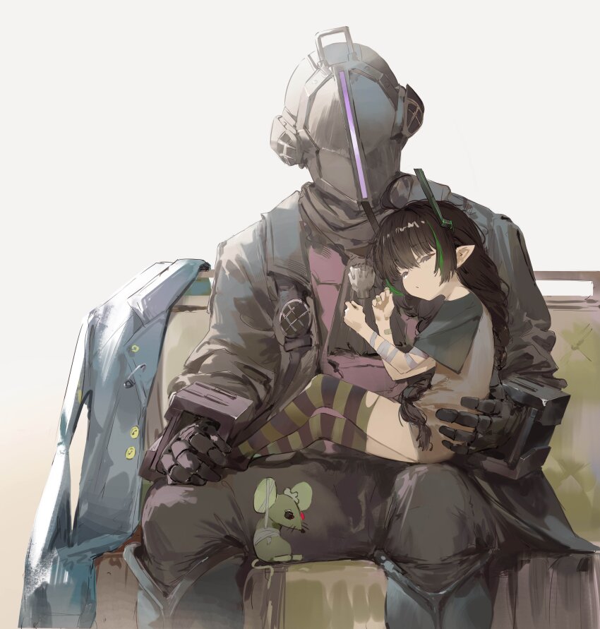 1boy 1girl absurdres ascot bandaged_arm bandages black_ascot black_coat black_horns black_pants black_thighhighs bondrewd braid carrying carrying_person closed_eyes coat commentary commission darr1o elf elfinpsyop english_commentary green_hair green_thighhighs grey_shirt helmet highres horns indie_virtual_youtuber long_hair made_in_abyss mechanical_hands mouse_(animal) multicolored_hair pants pointy_ears second-party_source shirt sitting sleeping streaked_hair striped_clothes striped_thighhighs thighhighs twin_braids virtual_youtuber whistle whistle_around_neck white_background
