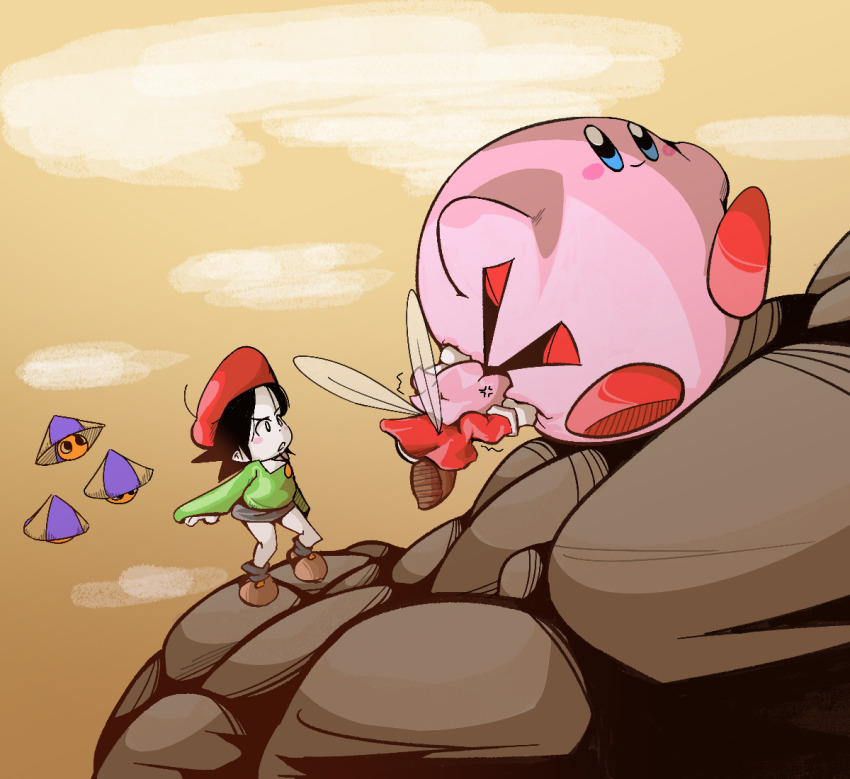 2girls adeleine anger_vein blush_stickers bumber_(kirby) colored_skin drawfag fairy fairy_wings fine_art_parody kirby kirby_(series) kirby_64 multiple_girls nintendo parody pink_hair pink_skin pushing red_headwear red_ribbon ribbon ribbon_(kirby) sisyphus_(mythology) sky solid_oval_eyes wings yellow_sky