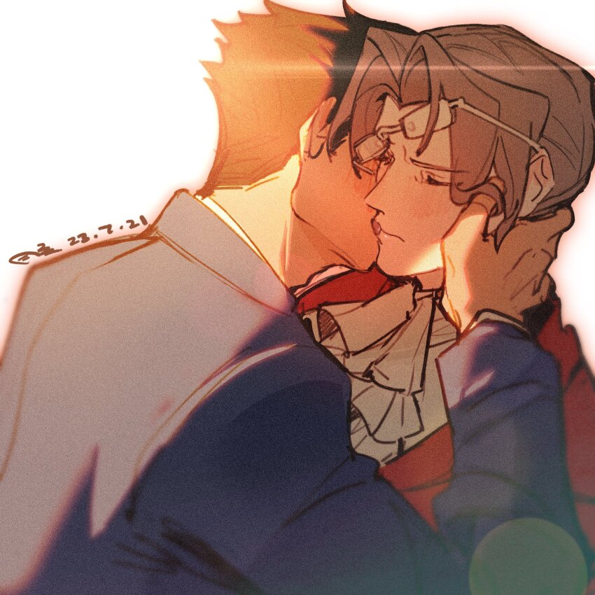 2boys a_yue_huaite ace_attorney arm_up ascot black_hair blue_jacket blush closed_eyes closed_mouth commentary curtained_hair dated film_grain glasses grey_hair hair_behind_ear hand_on_another&#039;s_face highres jacket kiss layered_sleeves long_sleeves male_focus miles_edgeworth multiple_boys phoenix_wright red_jacket shirt short_hair simple_background suit_jacket tongue tongue_out upper_body white_ascot white_background white_shirt yaoi