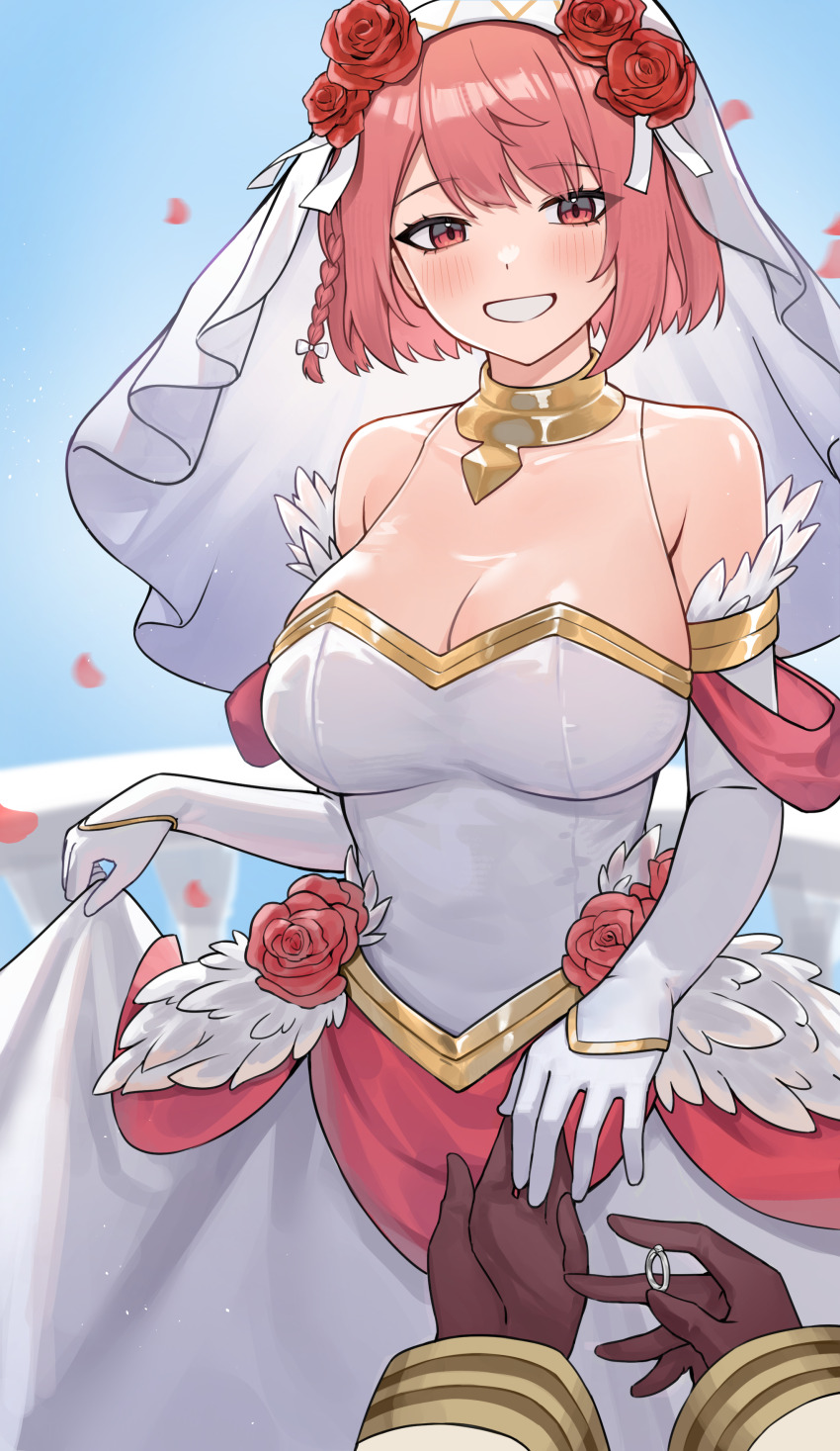 1boy 1girl absurdres breasts bridal_gauntlets bridal_veil bride cleavage commission commissioner_upload couple dress fire_emblem fire_emblem_engage fire_emblem_heroes flower gold_choker gold_trim hairband hetero highres husband_and_wife iffyru jewelry kiran_(fire_emblem) lapis_(fire_emblem) lapis_(mighty_bride)_(fire_emblem) large_breasts looking_at_viewer male_kiran_(fire_emblem) nintendo non-web_source official_alternate_costume pink_eyes pink_hair pov red_flower red_rose ring rose solo_focus two-tone_hairband veil wedding_dress wedding_ring wedding_suit white_bridal_gauntlets white_dress white_hairband yellow_hairband