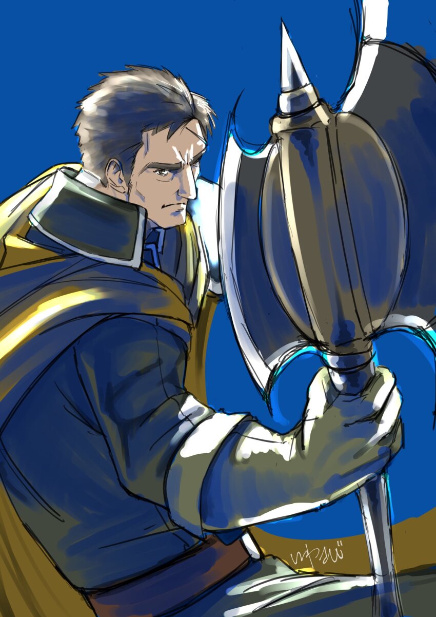 1boy axe battle_axe blue_background commentary_request fire_emblem fire_emblem:_path_of_radiance gloves greil highres holding holding_weapon male_focus nintendo scar scar_on_face scar_on_forehead short_hair solo studio_sugimoto weapon