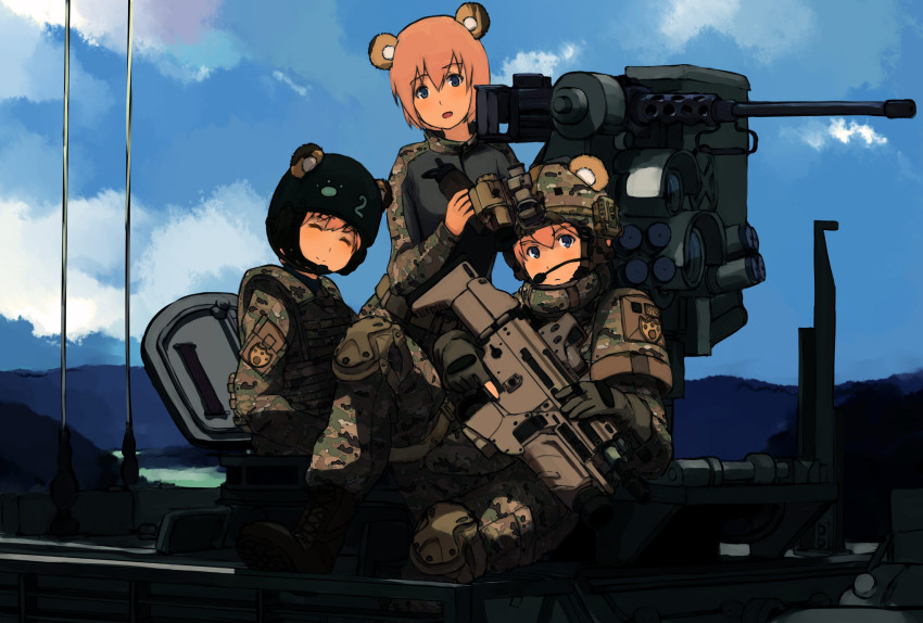 3girls animal_ears armored_personnel_carrier armored_vehicle assault_rifle bad_id bad_pixiv_id bear_ears boots browning_m2 camouflage combat_helmet crew-served_weapon eotech fn_40gl fn_eglm fn_scar gloves grenade_launcher gun heavy_machine_gun helmet highres infantry_fighting_vehicle knee_pads m1126_infantry_carrier_vehicle machine_gun military military_combat_uniform military_uniform modular_weapon_system motor_vehicle multiple_girls protector_rws remote_controlled_weapon_station rifle scar-h shibafu_(glock23) smile stryker_(afv) under-barrel_configuration underbarrel_grenade_launcher vehicle weapon