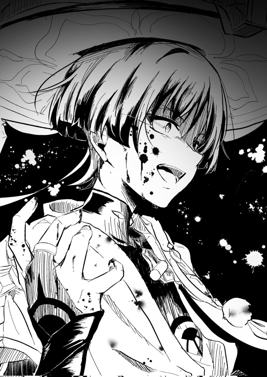 1boy armor black_background blood blood_on_face blunt_ends bodysuit bridal_gauntlets curled_fingers fingernails gem genshin_impact glowing_pupils greyscale hand_up highres japanese_armor japanese_clothes juban kimono kote looking_to_the_side male_focus mandarin_collar middle_ring monochrome open_clothes open_hand open_kimono open_mouth partially_shaded_face pom_pom_(clothes) purinigax rope scaramouche_(genshin_impact) short_sleeves solo teeth tsurime upper_teeth_only vision_(genshin_impact) wanderer_(genshin_impact) wispy_bangs