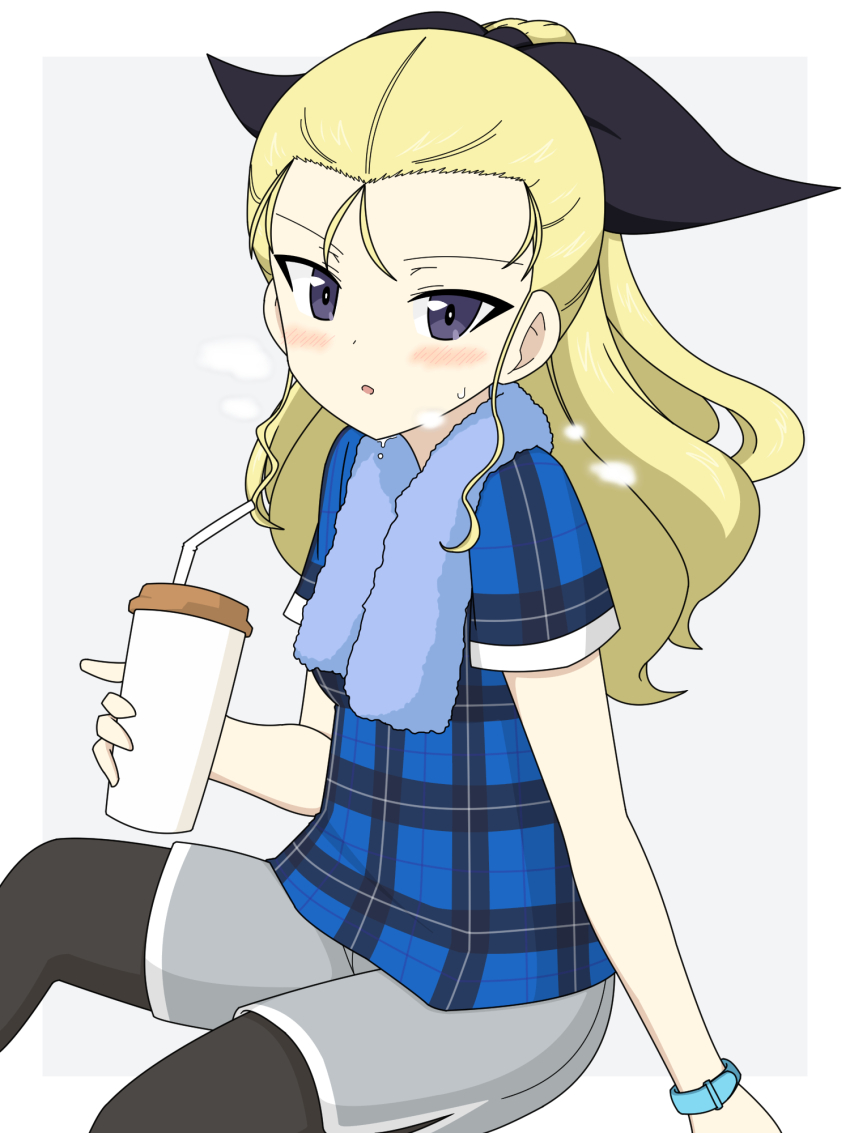 1girl assam_(girls_und_panzer) black_pantyhose black_ribbon blonde_hair blue_eyes blue_shirt commentary cup disposable_cup dolphin_shorts drinking_straw girls_und_panzer girls_und_panzer_senshadou_daisakusen! grey_background grey_shorts hair_pulled_back hair_ribbon highres holding holding_cup ichinose_jun long_hair looking_at_viewer official_alternate_costume open_mouth pantyhose pantyhose_under_shorts plaid_clothes plaid_shirt ribbon shirt short_sleeves shorts sitting solo sportswear steam sweat towel towel_around_neck wristband