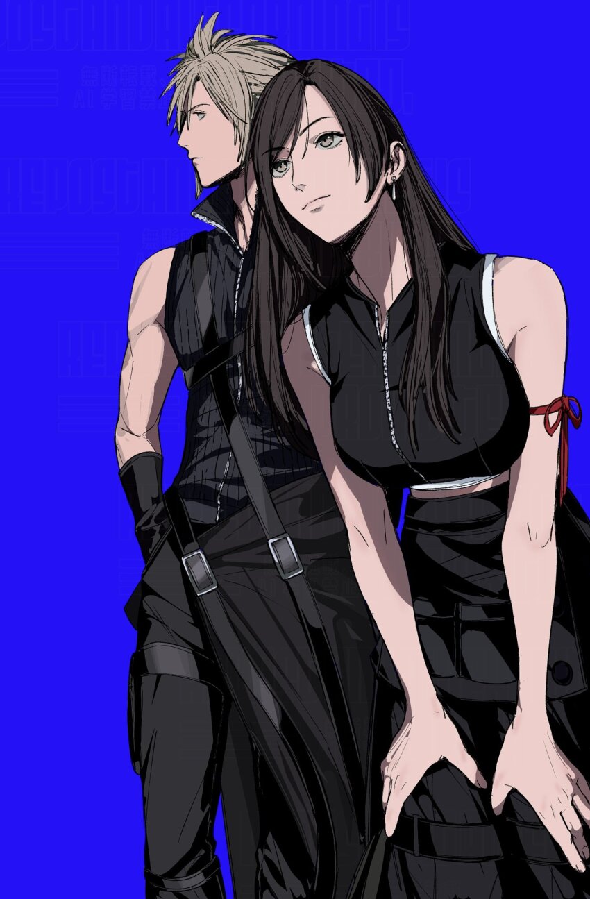 1boy 1girl amikoiiko apron arm_ribbon bare_shoulders black_apron black_gloves black_hair black_pants black_shirt black_vest blonde_hair blue_background closed_mouth cloud_strife cowboy_shot crop_top earrings final_fantasy final_fantasy_vii final_fantasy_vii_advent_children gloves hands_on_own_thighs highres jewelry leaning_forward long_hair midriff_peek pants red_ribbon ribbon shirt short_hair single_earring sleeveless sleeveless_shirt spiked_hair swept_bangs tank_top tifa_lockhart vest waist_apron white_tank_top zipper