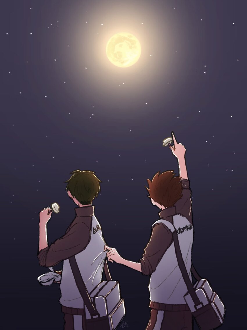 2boys arm_up bag brown_hair clothes_grab collared_jacket commentary empty_food_container food full_moon haikyuu!! hashtag-only_commentary highres holding holding_food jacket male_focus moon moonlight multicolored_jacket multiple_boys natade_kou09 night night_sky outdoors pants pointing red_hair shirt_grab short_hair shoulder_bag sideburns sky star_(sky) starry_sky striped_clothes striped_pants tendou_satori ushijima_wakatoshi