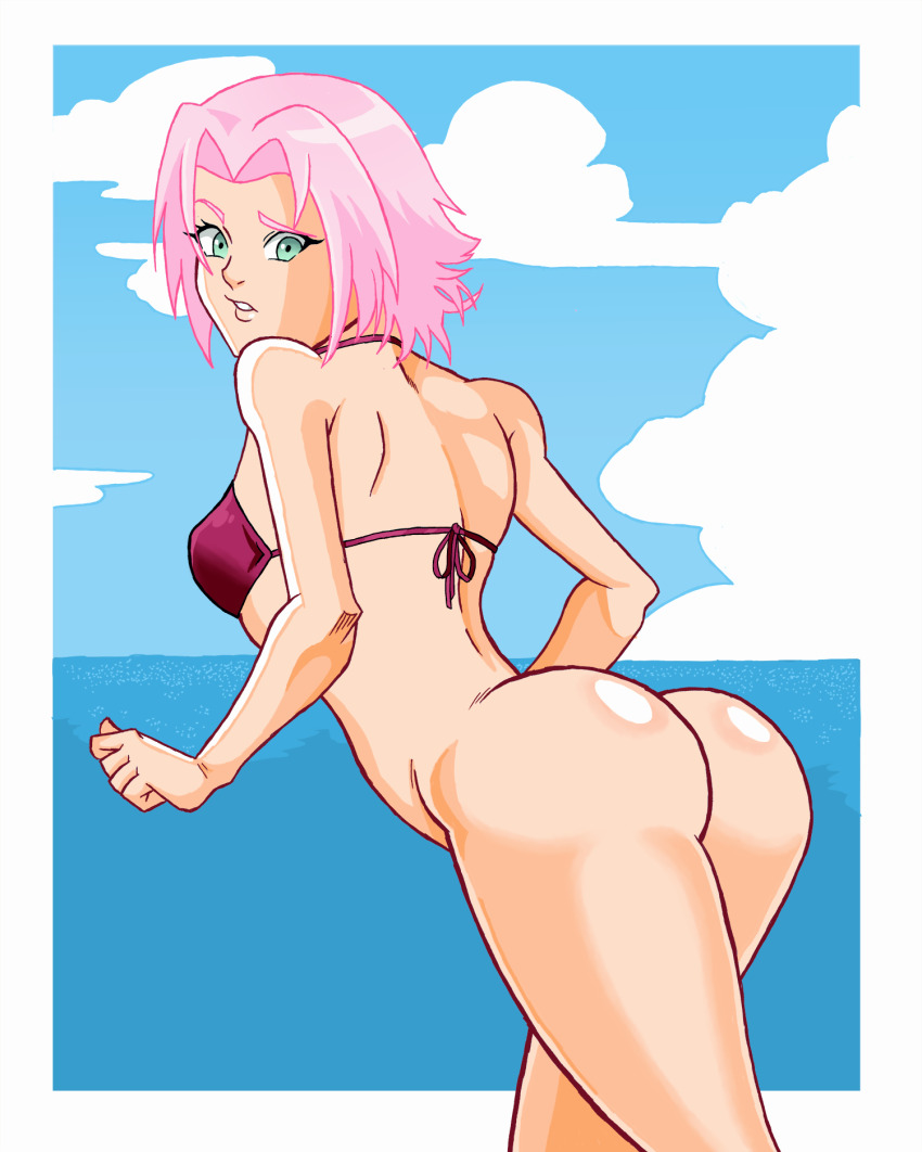 1girl arms_at_sides ass ass_focus back-tie_bikini bikini bikini_top_only blue_sky border breasts confused convenient_censoring cowboy_shot day eyebrows eyelashes female_focus from_behind from_side green_eyes haruno_sakura highres leaning_forward lips looking_at_viewer looking_back medium_hair naruto_(series) naruto_shippuuden ocean outdoors parted_lips pink_hair purple_bikini schlumper skinny sky small_breasts solo standing swimsuit teeth water white_border