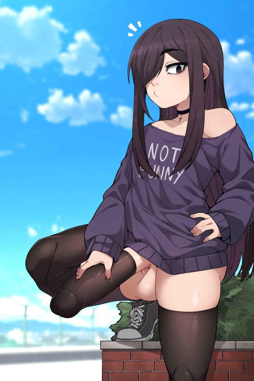 1boy absurdres black_choker black_eyes black_hair black_thighhighs blue_sky blurry blurry_background borrowed_character choker clothes_writing collarbone condom condom_on_penis hair_over_one_eye hand_on_own_hip highres huge_penis in_(ain) long_hair long_sleeves looking_at_viewer male_focus nail_polish original outdoors penis pink_nails roland_(ms_pigtails) shoes sidelocks sky sneakers solo testicles thighhighs trap