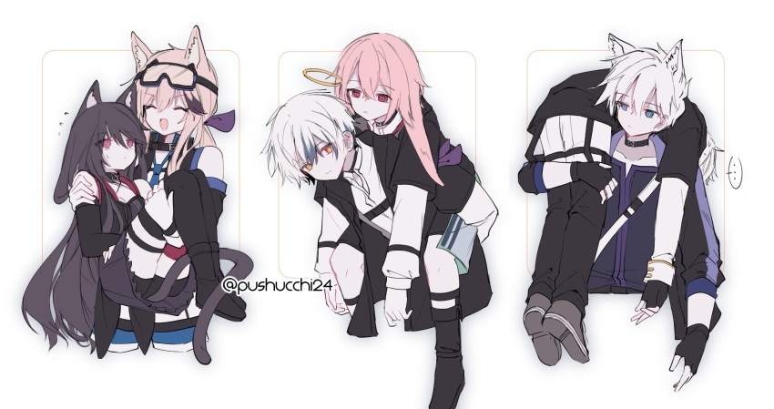 ... 2girls 3boys adnachiel_(arknights) animal_ears ansel_(arknights) arknights black_dress black_footwear black_gloves black_hair black_jacket black_pants black_shorts black_socks blonde_hair blue_eyes blue_necktie cardigan_(arknights) carrying cat_ears clothing_cutout colored_tips commentary cropped_torso dog_ears dress english_commentary fingerless_gloves fireman&#039;s_carry gloves goggles goggles_on_head halo highres jacket kneehighs long_hair looking_at_another looking_up melantha_(arknights) multicolored_hair multiple_boys multiple_girls necktie pants piggyback pink_eyes pink_hair princess_carry pushu shirt shorts shorts_under_dress shoulder_cutout simple_background socks spoken_ellipsis steward_(arknights) twitter_username white_background white_hair white_shirt yellow_eyes
