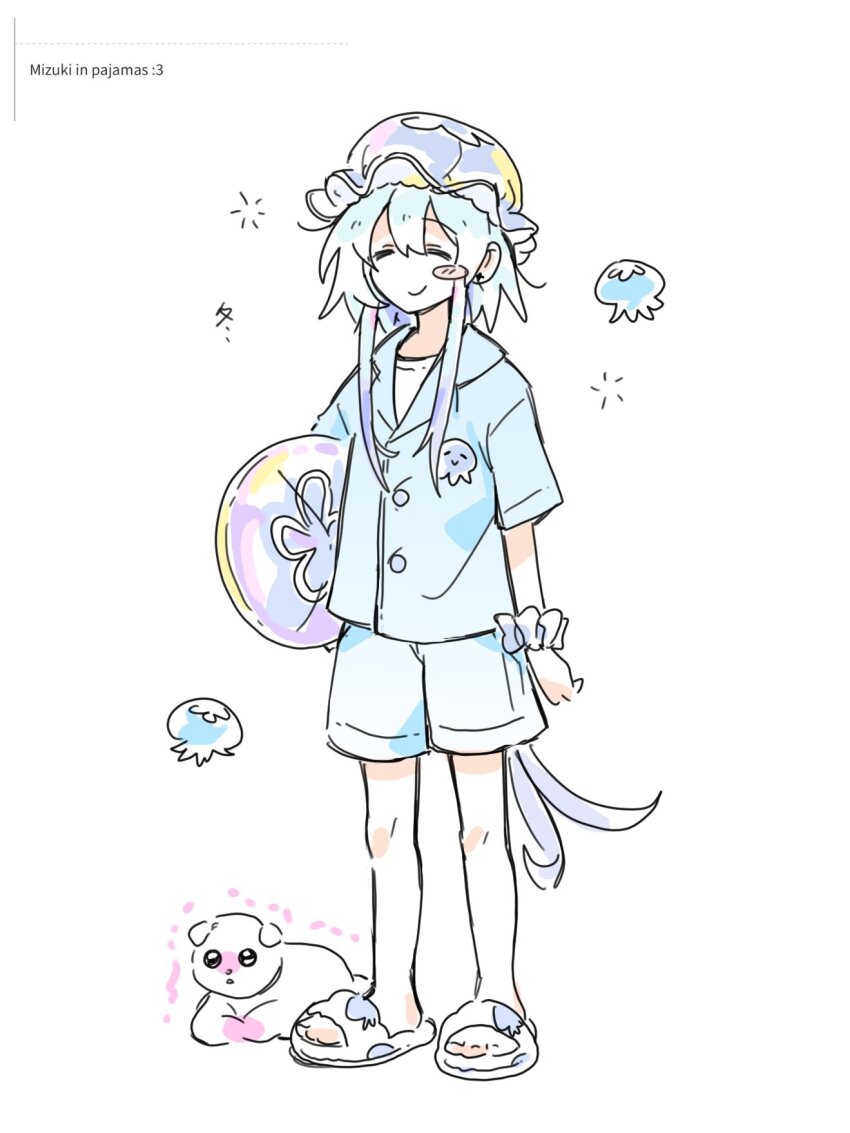 1boy :&gt; =_= alternate_costume arknights blue_hair blue_pajamas blush_stickers closed_eyes commentary dog english_commentary english_text full_body gradient_hair highres holding holding_pillow jellyfish jellyfish-shaped_pillow jellyfish_print long_hair male_focus mizuki_(arknights) multicolored_hair pajamas pillow purple_hair shaking shorts simple_background slippers solo very_long_hair wed_(lim38869577) white_background wrist_cuffs