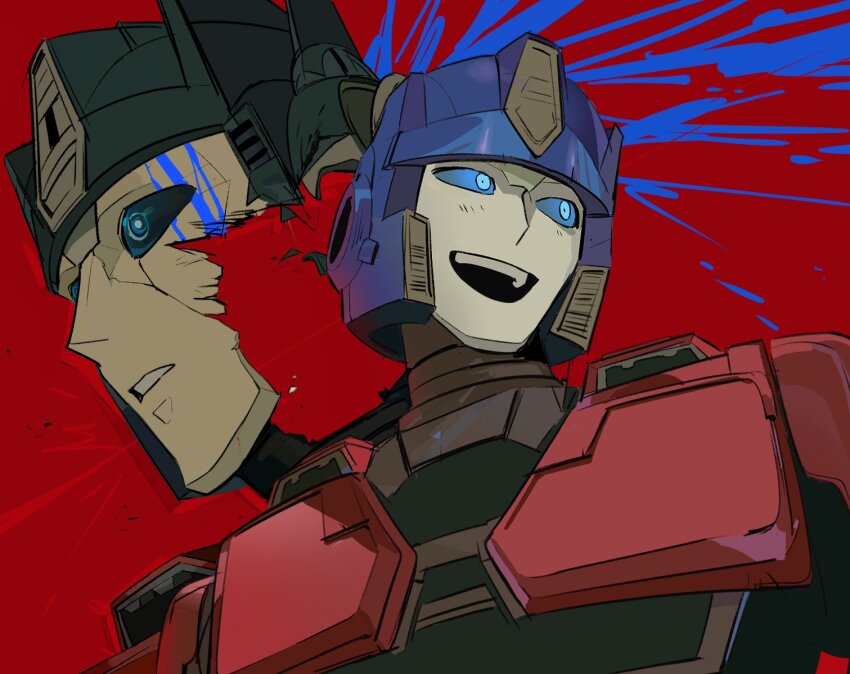 1boy blood blue_blood blue_eyes blue_sclera character_request check_character colored_sclera cracked_skin humanoid_robot injury looking_to_the_side male_focus multiple_views open_mouth orion_pax orion_pax_(transformers_one) parted_lips red_background reorkkaxxa robot sideways_glance teeth transformers transformers_one upper_teeth_only wide-eyed