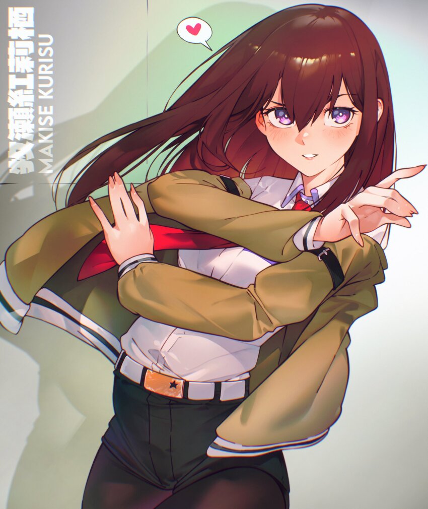 arms_across_body belt black_shorts blush brown_hair brown_pantyhose cesar_art456 cowboy_shot heart highres long_hair makise_kurisu necktie pantyhose pantyhose_under_shorts purple_eyes red_necktie shirt short_shorts shorts spoken_heart steins;gate white_belt white_shirt