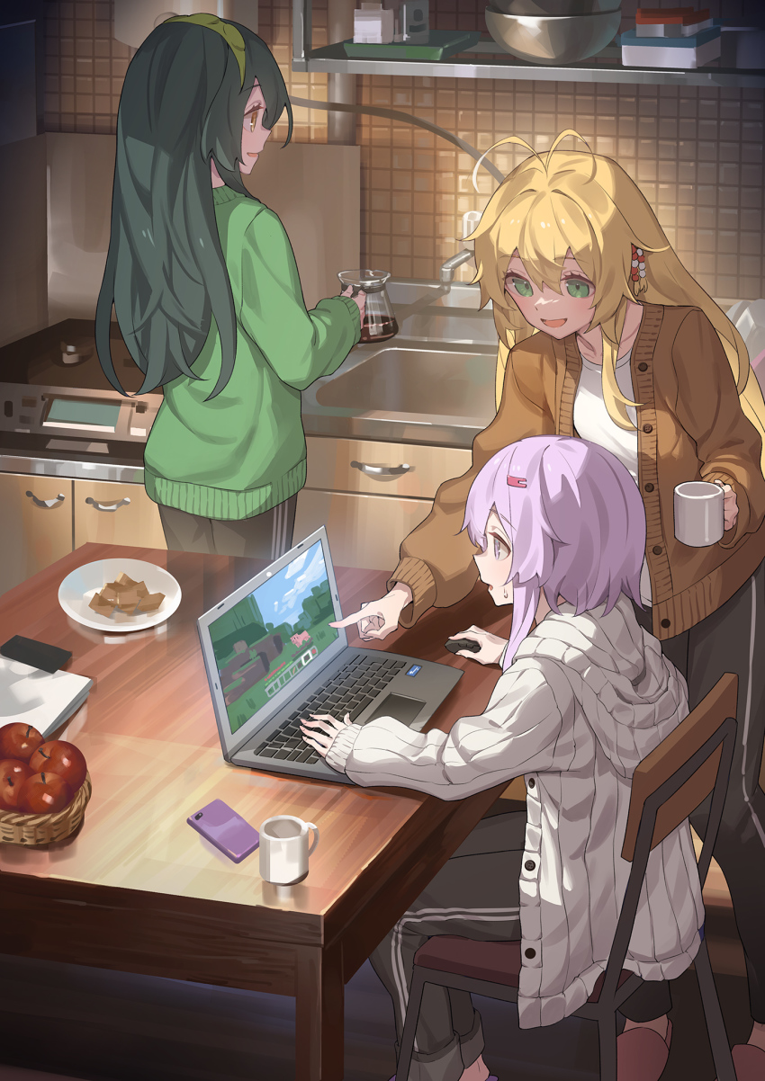3girls a.i._voice antenna_hair apple basket beads blonde_hair brown_cardigan cabinet cardigan chair coffee_pot commentary computer computer_mouse cup dark_green_hair faucet food fruit fruit_basket green_eyes grey_pants hair_beads hair_ornament hairband hairclip highres holding holding_coffee_pot holding_cup hood hooded_cardigan indoors laptop leaning_forward long_hair minecraft mixing_bowl mug multiple_girls open_cardigan open_clothes open_mouth pants phone pig_(minecraft) plate playing_games pointing purple_eyes purple_hair shelf shirt short_hair_with_long_locks sidelocks sink sitting slice_of_life smile standing stove sweat table tile_wall tiles touhoku_zunko track_pants tsurumaki_maki very_long_hair voiceroid white_shirt wicker_basket wireless_mouse yamamomo_(plank) yellow_eyes yuzuki_yukari yuzuki_yukari_(shizuku)