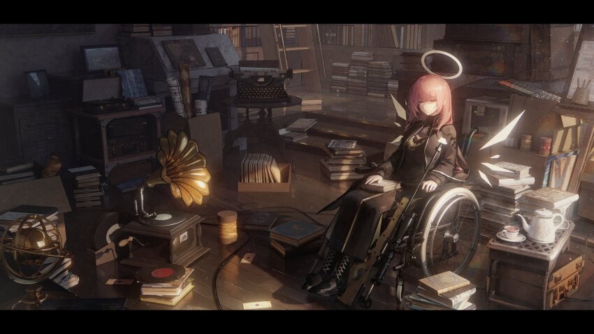 1girl ai_arctic_warfare arknights arm_rest binggong_asylum black_boots blunt_bangs blurry bokeh bolt_action book book_on_lap book_stack bookshelf boots box brown_dress brown_jacket cabinet cable cardboard cardboard_box chair chromatic_aberration cleavage_cutout closed_mouth clothing_cutout commentary computer_keyboard container cup day depth_of_field detached_wings drawer dress drink energy_wings english_commentary english_text expressionless eyelashes facing_ahead film_grain fireplace floor flower from_above from_side full_body globe gun hair_between_eyes hair_flowing_over hair_over_one_eye halo hand_on_book high_collar highres hot_drink indoors jacket lace-up_boots lemuen_(arknights) letter letterboxed light_particles long_dress long_hair long_sleeves map monitor on_chair open_box open_clothes open_jacket pen pen_holder phonograph picture_frame pink_hair plate puffy_long_sleeves puffy_sleeves reflection reflective_floor rifle round_table scope shadow shoelaces sitting sleeping sniper_rifle solo steam straight_hair suitcase sunlight table tea teacup teapot tray turntable turtleneck turtleneck_dress typewriter variant_set vinyl_record wallpaper_(object) weapon wheel wheelchair white_flower wide_shot wings wooden_floor wooden_table yellow_halo yellow_wings