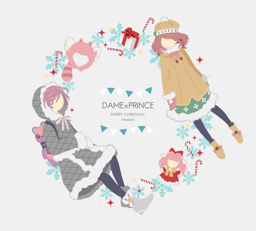 1boy 1girl ani_inako black_pantyhose boots brown_boots brown_coat brown_hair candy candy_cane coat copyright_name dame_x_prince doll faceless faceless_female faceless_male flat_color food full_body fur-trimmed_skirt fur_trim green_skirt grey_background grey_boots grey_coat gurimaru highres kyuaran merry_christmas mittens pantyhose pink_mittens purple_hair skirt snowflakes stuffed_animal stuffed_toy teddy_bear zanbi_(ankokusen4)