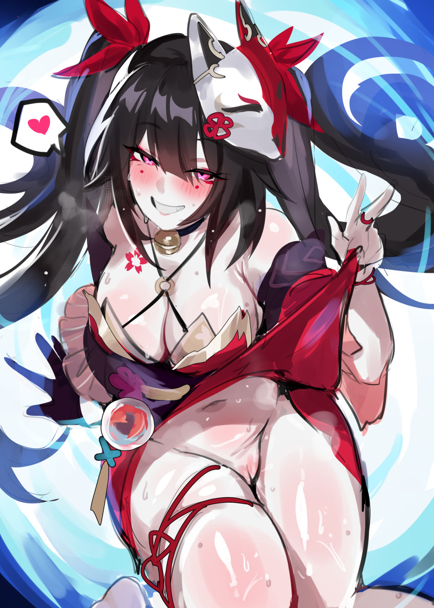 1girl absurdres bare_shoulders black_hair blush breasts choker cleavage cleft_of_venus detached_sleeves dress flower_tattoo fox_mask grin highres honkai:_star_rail honkai_(series) kurenaiz_(kuayrenaiz) large_breasts lifting_own_clothes long_hair looking_at_viewer mask mask_on_head navel no_panties pink_eyes pussy red_dress smile solo sparkle_(honkai:_star_rail) sweat tattoo thighs twintails