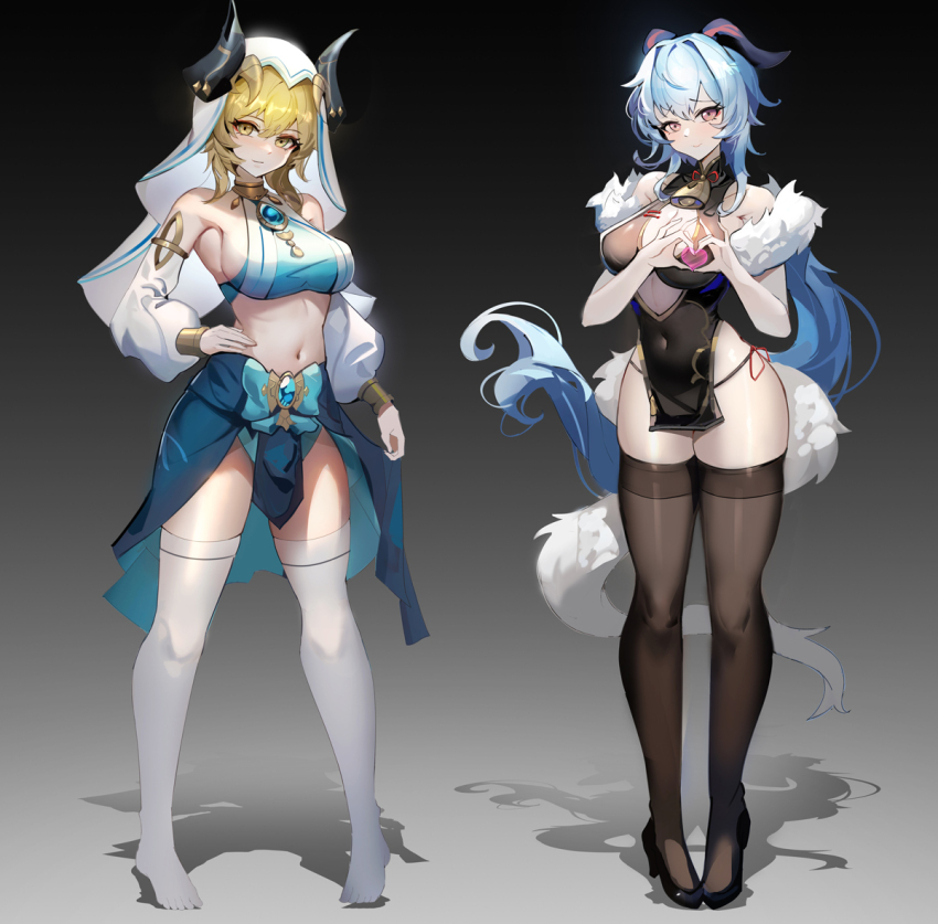 2girls alternate_costume alternate_eye_color bare_shoulders bell black_background black_dress black_footwear black_panties black_thighhighs blonde_hair blue_bow blue_gemstone blue_hair blue_skirt bow bracer breasts brooch brown_eyes china_dress chinese_clothes closed_mouth cosplay crop_top detached_sleeves dress eyeliner fake_horns feather_boa floating_hair full_body ganyu_(genshin_impact) gem genshin_impact goat_horns gradient_background grey_background hand_on_own_hip harem_outfit heart heart_hands high_heels horns jewelry kuroha_(rockluo213) large_breasts legs lineup long_hair long_sleeves looking_at_viewer low_ponytail lumine_(genshin_impact) makeup multiple_girls navel neck_bell neck_ring nilou_(genshin_impact) nilou_(genshin_impact)_(cosplay) no_shoes panties panty_straps pelvic_curtain ponytail puffy_long_sleeves puffy_sleeves raised_eyebrows red_eyeliner revision shadow short_dress short_hair_with_long_locks sidelocks skirt skirt_hold smile stomach string_panties thighhighs thighs underwear veil very_long_hair wavy_hair white_sleeves white_thighhighs yelan_(genshin_impact) yelan_(genshin_impact)_(cosplay) yellow_eyes