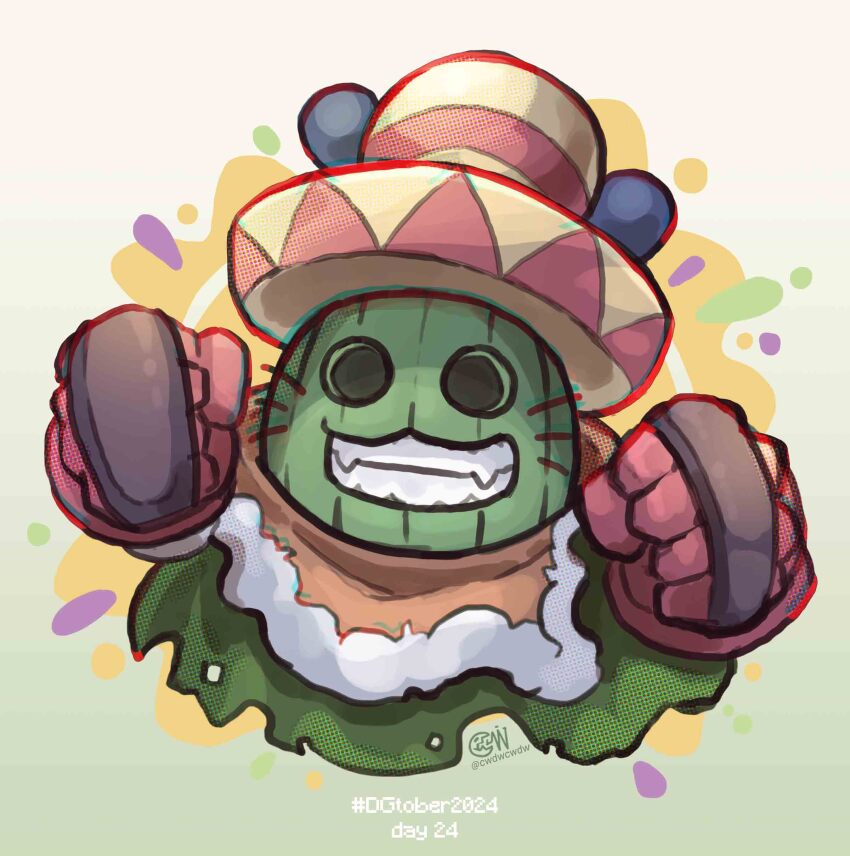 absurdres artist_logo boxing_gloves cactus cwdw digimon digimon_(creature) digimon_adventure:_(2020) fangs full_body gloves gradient_background hat highres logo ponchomon red_gloves simple_background solo sombrero twitter_username whiskers