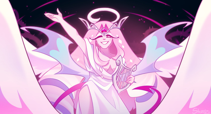 1girl angel angel_wings breasts cleavage colored_skin cookie_run cookie_run:_kingdom dress eternal_sugar_cookie halo harp highres holding holding_instrument holding_lyre instrument long_hair looking_at_viewer lyre pink_eyes pink_hair pink_skin shandzii solo very_long_hair white_dress wing_eyes wings