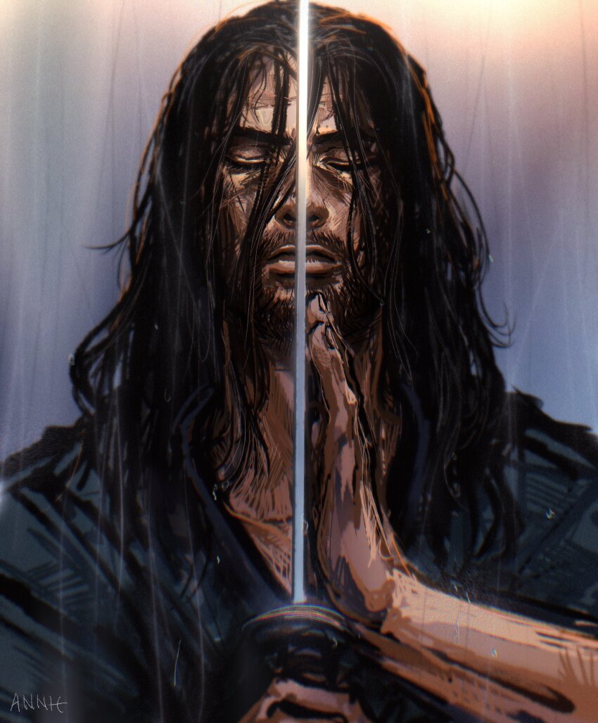 1boy absurdres anniechromes artist_name black_hair closed_eyes facial_hair highres holding holding_sword holding_weapon katana long_hair male_focus miyamoto_musashi_(vagabond) samurai sword text_focus vagabond weapon