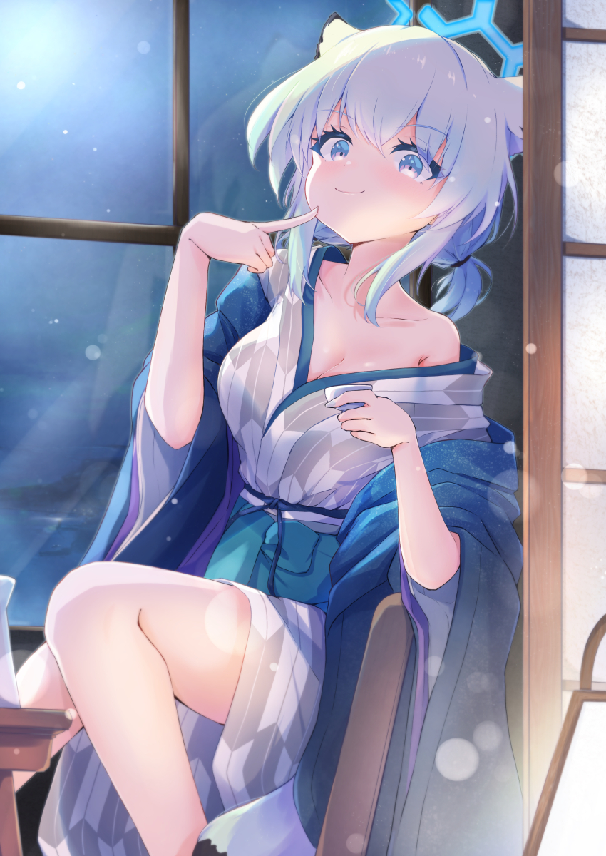 1girl absurdres animal_ears bath_yukata blue_archive blue_halo breasts cleavage closed_mouth collarbone green_hair halo highres japanese_clothes karupa_(karupapon) kimono medium_breasts obi official_alternate_costume purple_eyes sash shigure_(blue_archive) shigure_(hot_spring)_(blue_archive) short_hair smile solo tail weasel_ears weasel_tail yukata