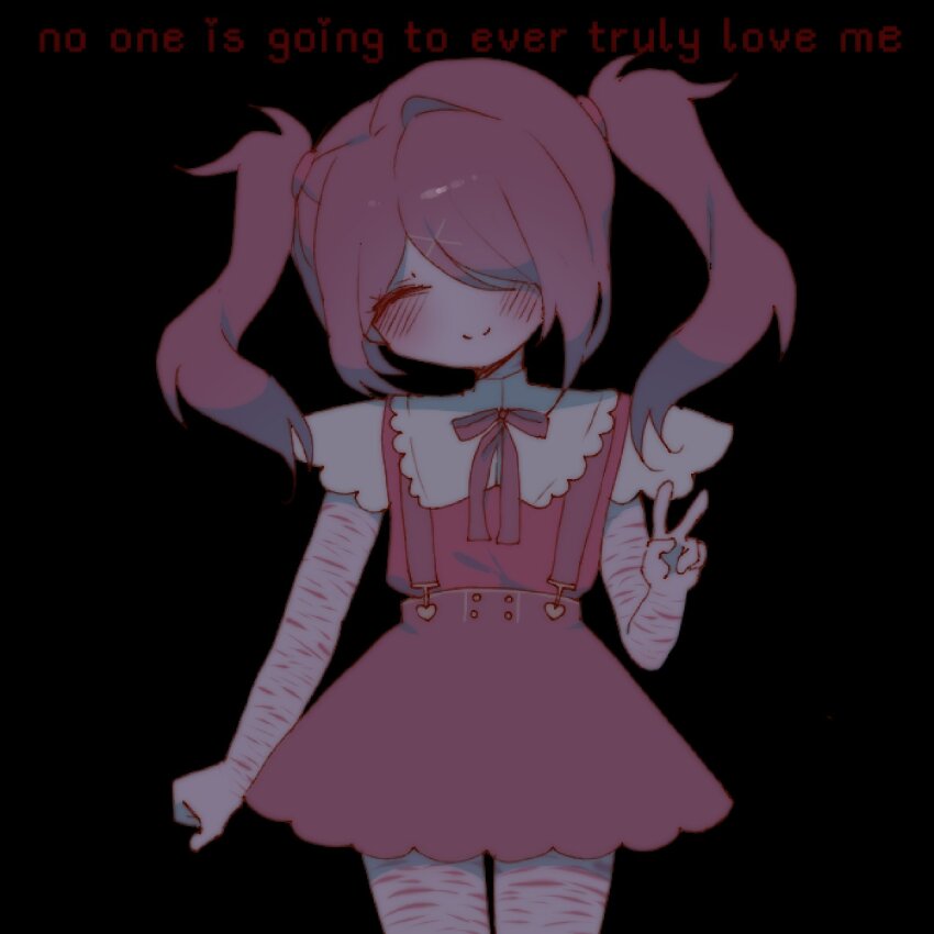 1girl ame-chan_(needy_girl_overdose) black_background black_hair black_ribbon blush buttons closed_eyes collared_shirt deliriumcenter english_text false_smile hair_ornament hair_over_one_eye heart highres needy_girl_overdose red_shirt ribbon self-harm self-harm_scar shirt short_sleeves sidelocks simple_background skirt smile solo suspender_skirt suspenders twintails v x_hair_ornament