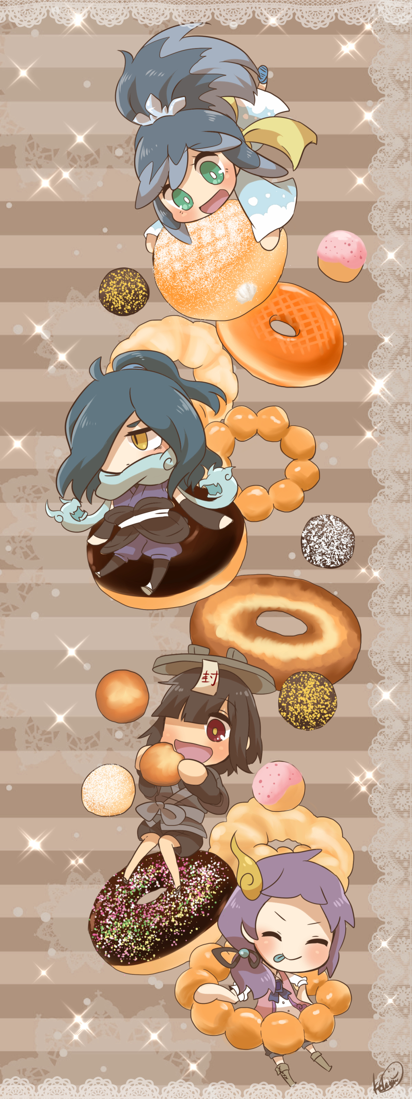 10s absurdres angel_cream black_hair blush chibi d-pop doily dondoro donut closed_eyes food fubukihime green_eyes green_hair hair_over_one_eye highres japanese_clothes kimono kohaku_(kohakumochi) long_hair monster_boy multicolored_hair old-fashioned_donut open_mouth orochi_(youkai_watch) personification pon_de_ring ponytail purple_hair sleeveless smile tongue tongue_out two-tone_hair ungaisanmenkyou yellow_eyes traditional_youkai youkai_watch