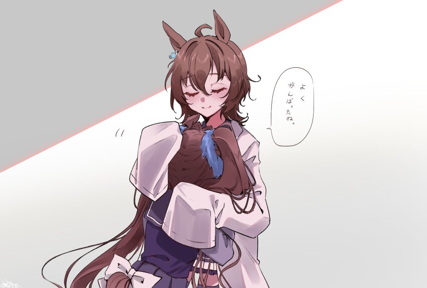 2girls affectionate agnes_tachyon_(umamusume) ahoge animal_ears blush bow brown_hair brown_tail closed_eyes comforting commentary daiwa_scarlet_(umamusume) hand_on_another&#039;s_head hand_on_another&#039;s_shoulder head_on_chest highres horse_ears horse_girl horse_tail hug lab_coat long_hair long_sleeves motion_lines multiple_girls pleated_skirt purple_serafuku school_uniform serafuku short_hair skirt sleeves_past_fingers sleeves_past_wrists smile speech_bubble tail tracen_school_uniform translation_request tsukasa_(avdx5538) twintails u_u umamusume very_long_hair white_bow winter_uniform